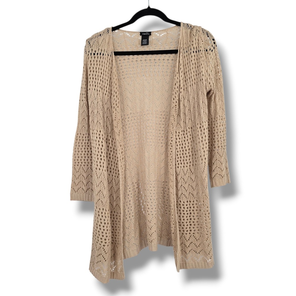 rue21 Womens Tan‎ Open Knit Pointelle Chevron Cardigan Sweater Size Medium Beige